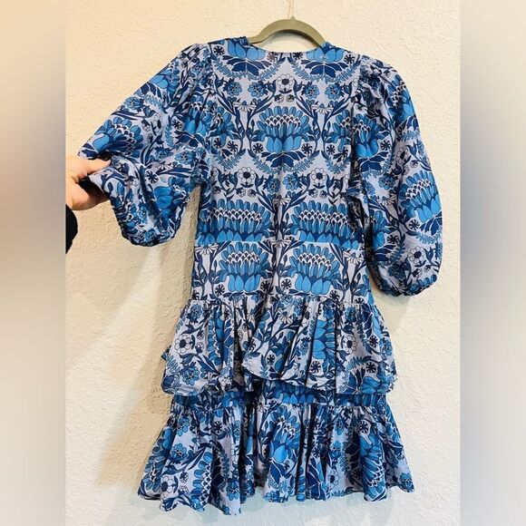 SANDRO PARIS Eyana Yana Scarf Print Blue Fit and Flare Dress Flounce 2 - Picture 12 of 16